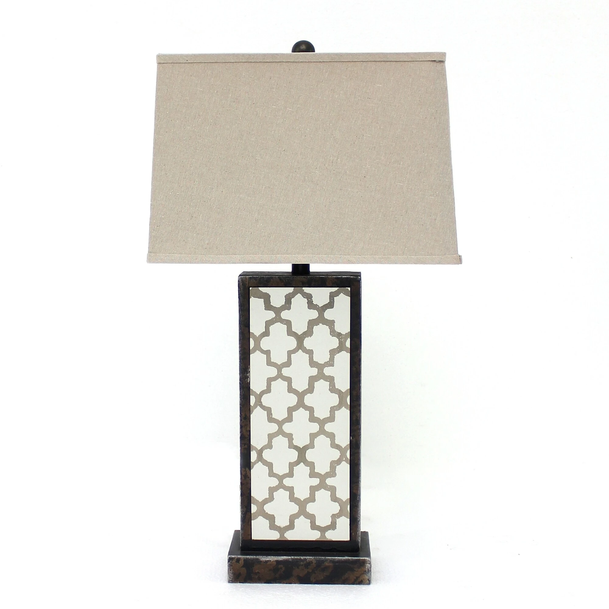 Rock Base Table Lamp with Drum Shade and Quatrefoil Pattern，Brown