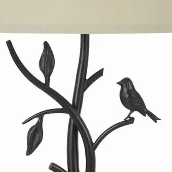 Metal Tree and Bird Body Table Lamp with Tapered Shade， Black and Beige