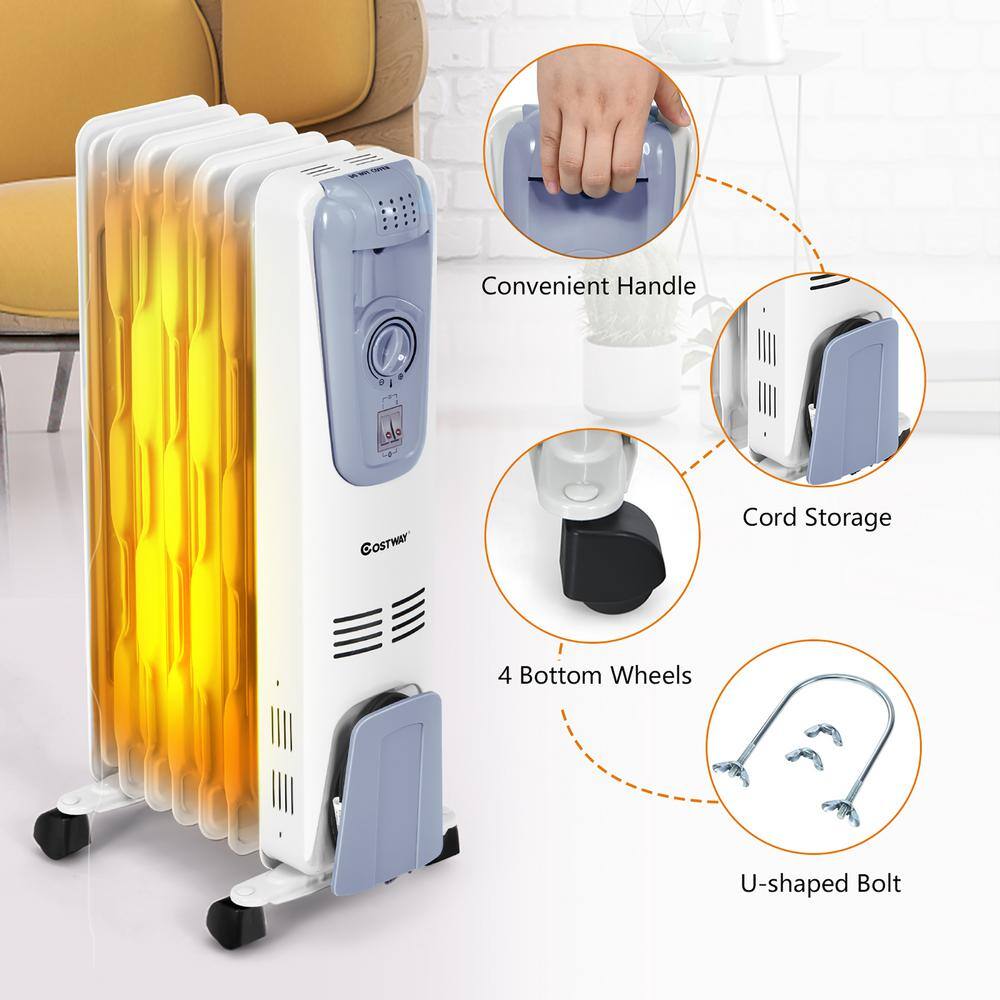 Costway 1500-Watt Electric Oil-Filled Radiator Space Heater 7-Fin Thermostat Room Radiant Space Heater GHM0473