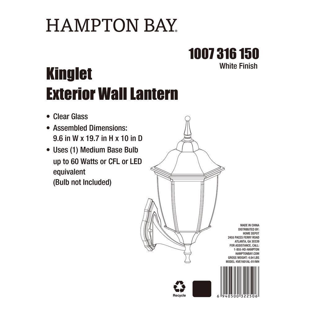 Hampton Bay Kinglet 1-Light White Hardwired Outdoor Wall Lantern Sconce with Clear Glass (1-Pack) KVE1601AL-01WH