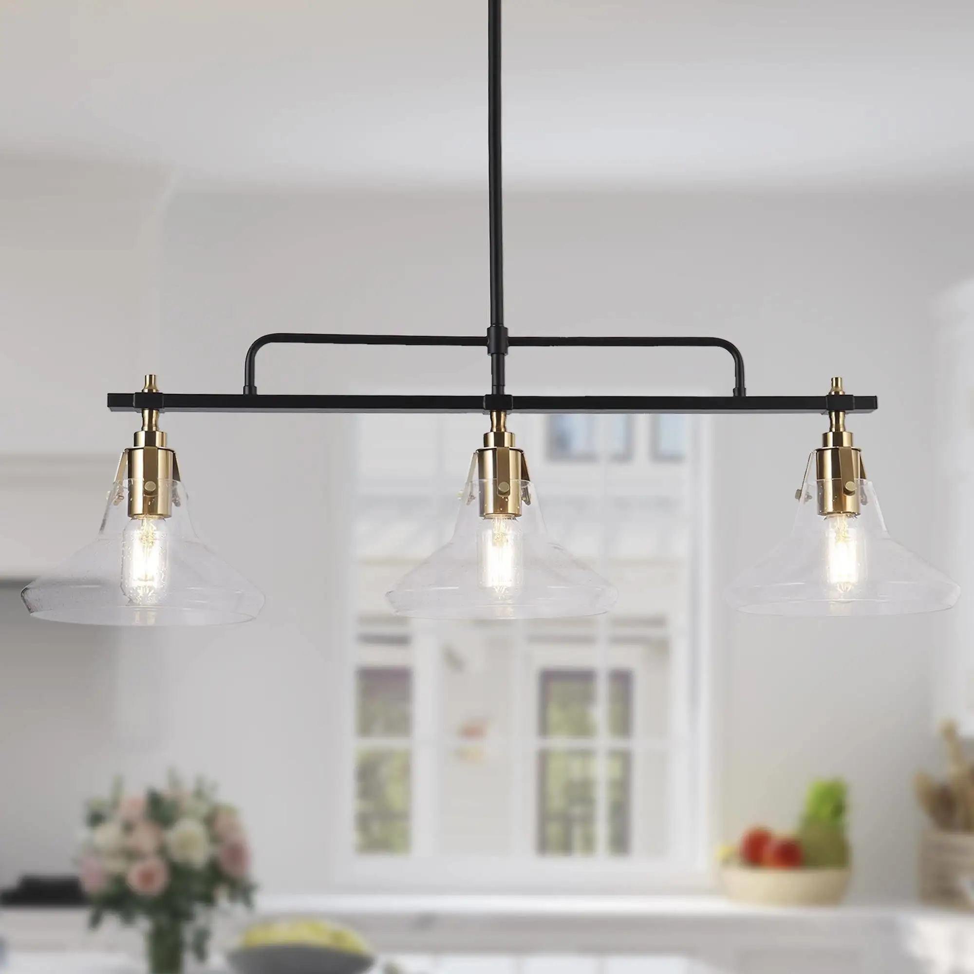 Modern 3-Light Black Gold Linear Chandelier Glass Island Lights for Dining Room - 33.5