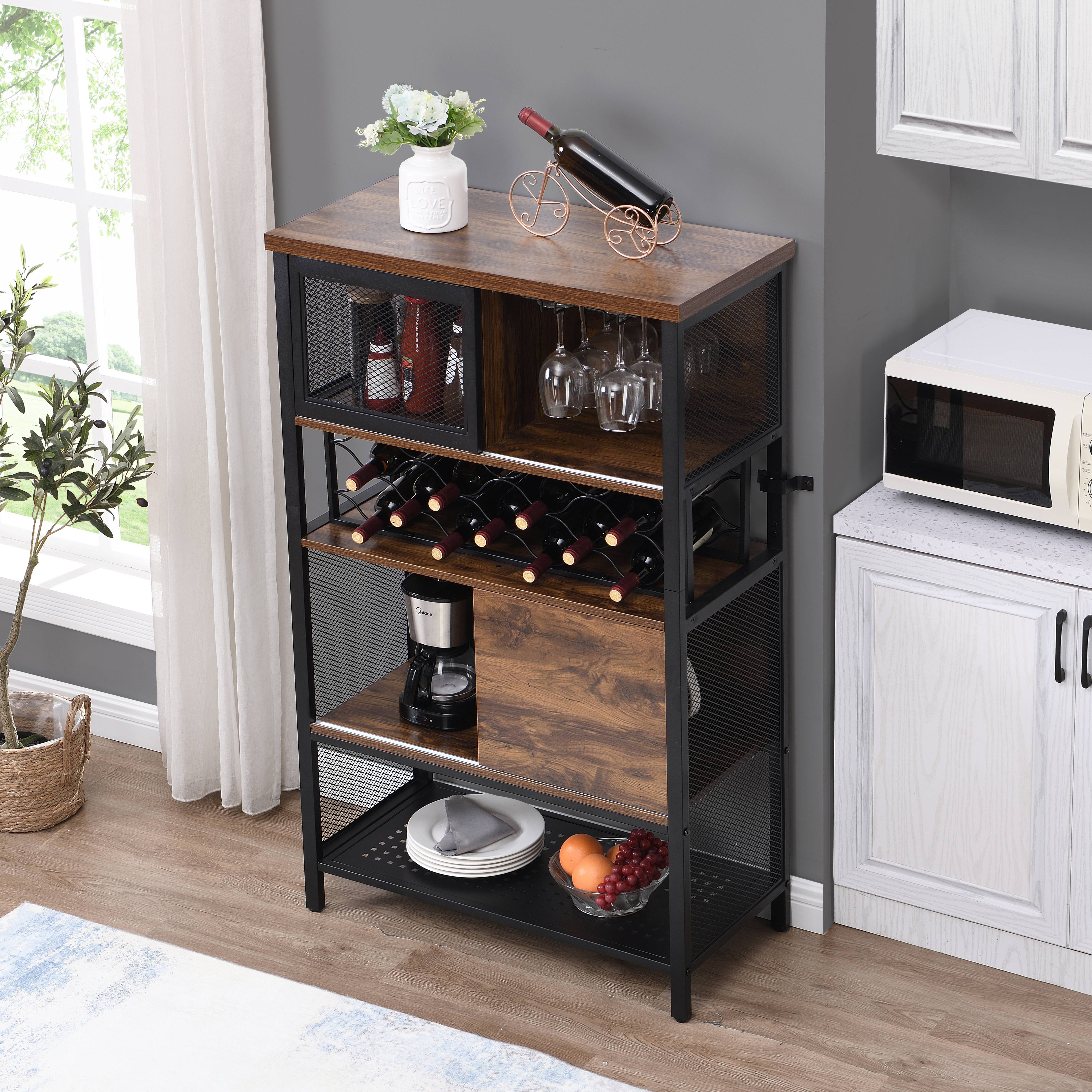 Brown Kitchen Storage Cabinet， Industrial Bar Cabinet with Wine Rack for Liquor and Glasses， 5-Tier Sideboard Buffet for Kitchen Dining Room with Sliding Door and Shelves