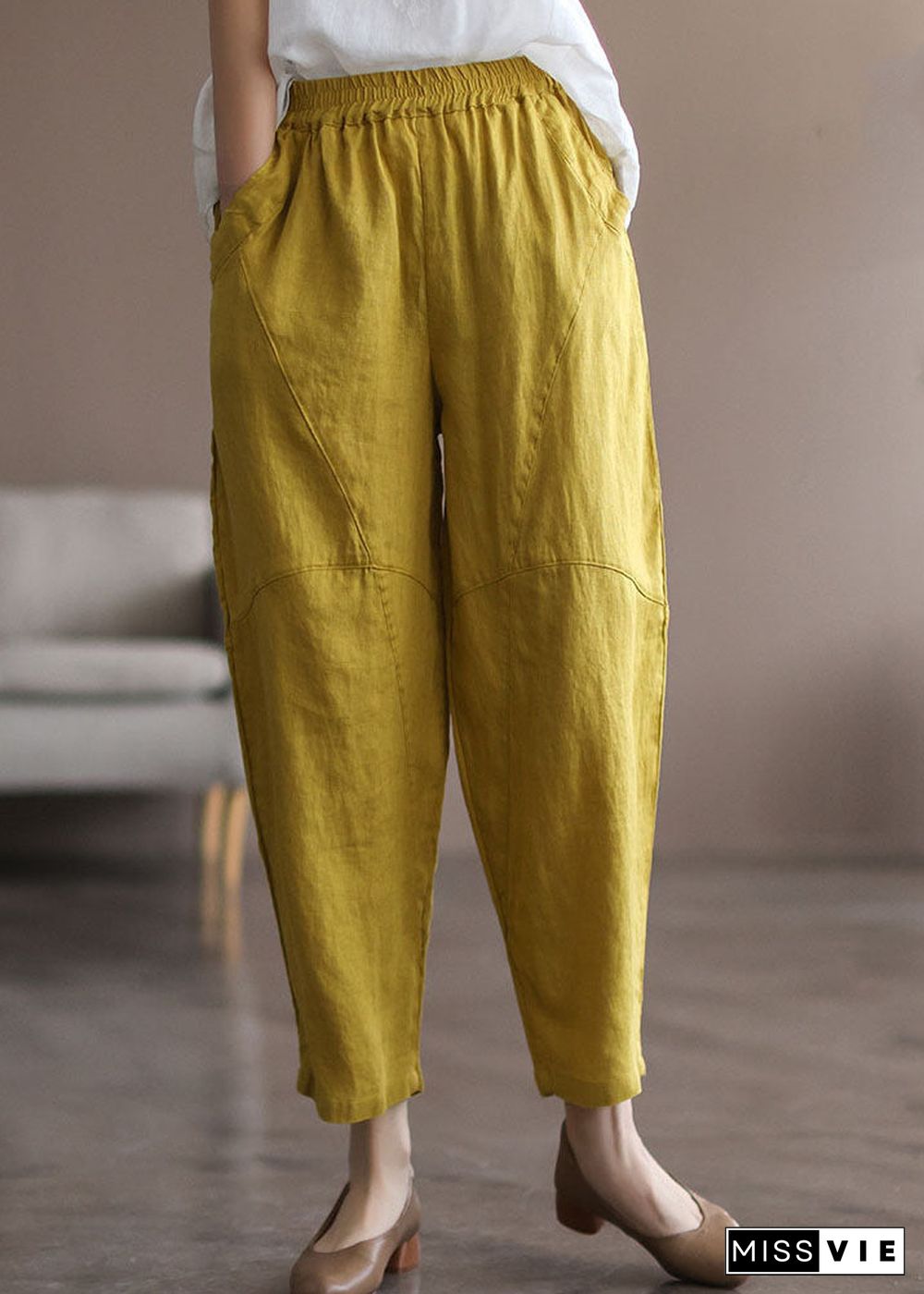 Italian Yellow Elastic Waist Pockets Linen Pants Summer