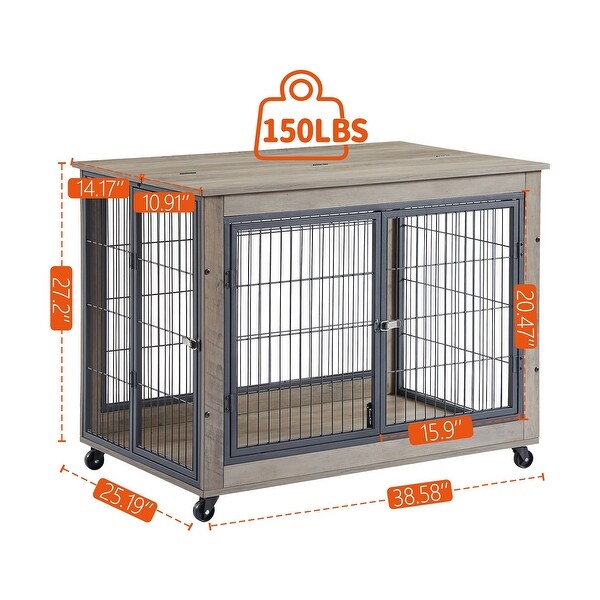 Furniture Style Dog Crate on Wheels with Double Doors and Lift Top