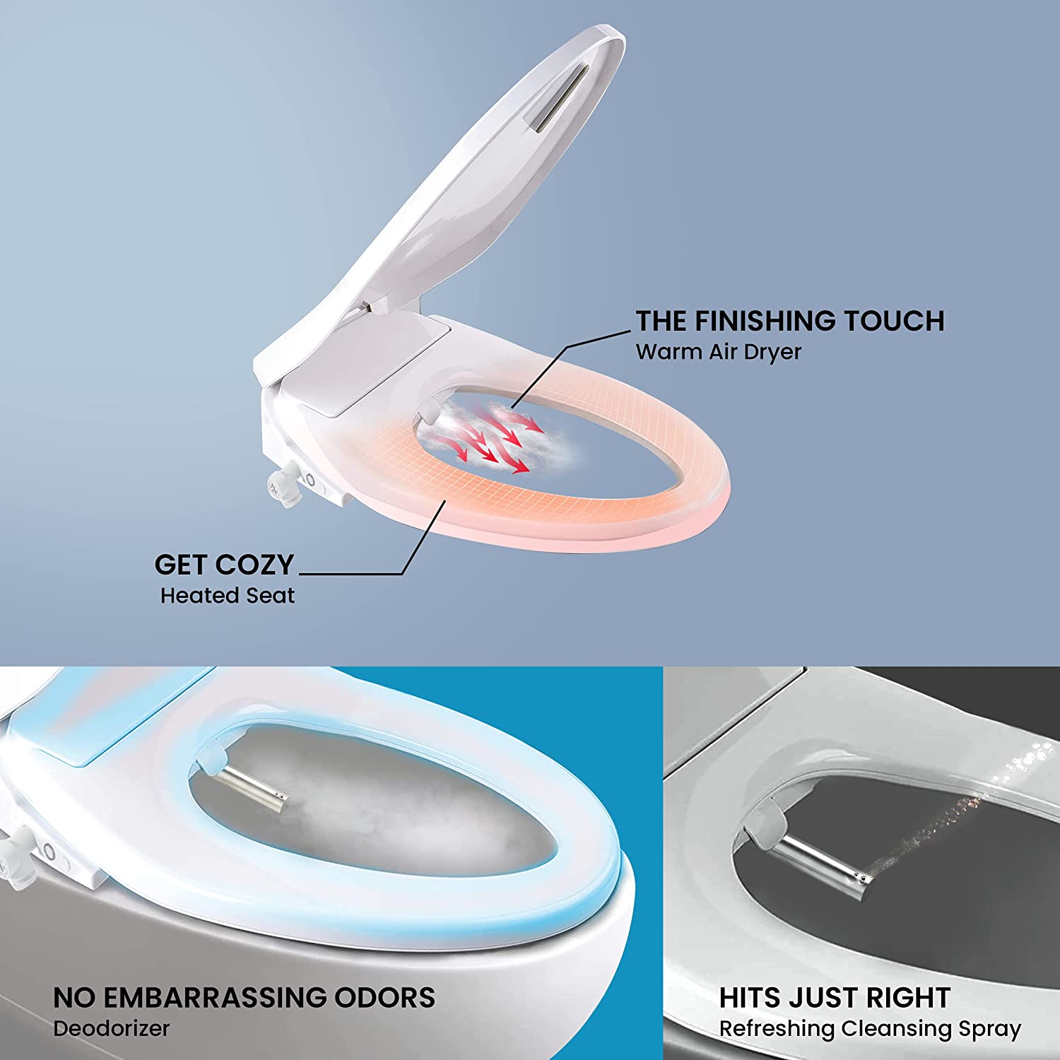 Electric Smart Bidet Toilet Seat Elongated, White, Soft Close Bidet. Arced Stainless Steel Nozzle, Multifunctional