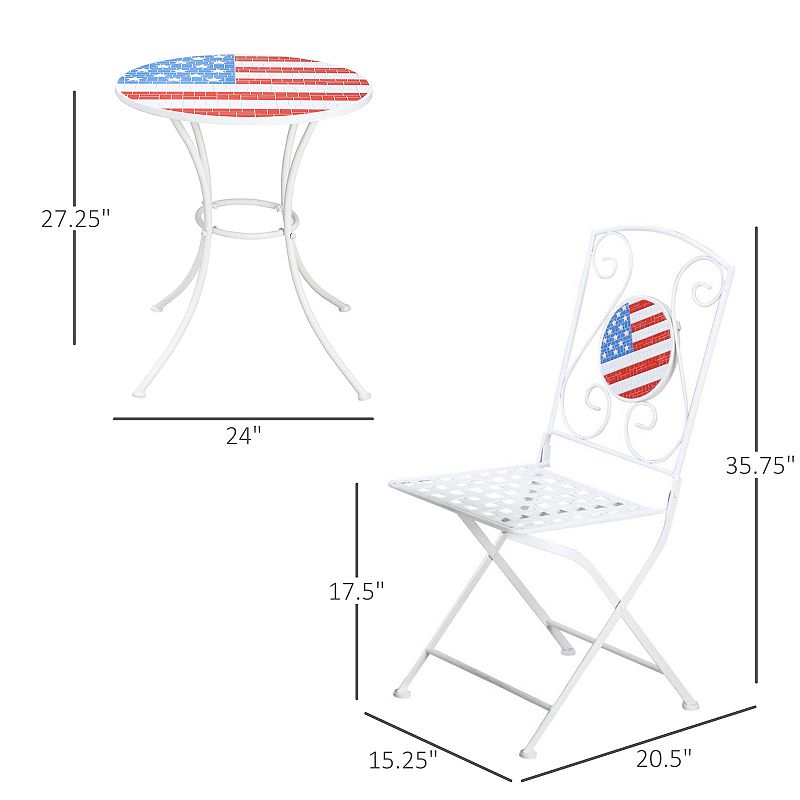 Outsunny 3 Pieces Outdoor Patio Set with 2 Folding Chairs， 1 Center Table， American Flag Stone Mosaic Bistro Table and Chairs for Garden， Poolside， Porch， White