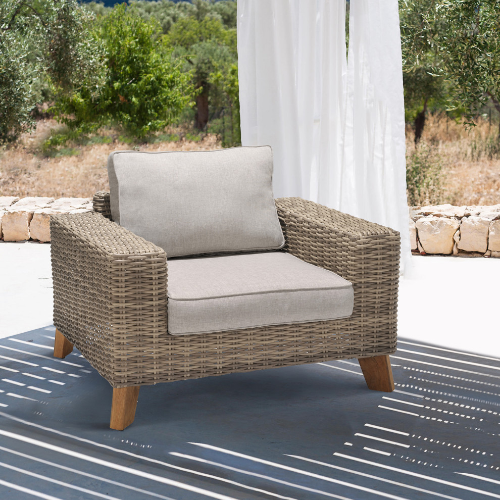 Bahamas Outdoor Wicker and Teak Wood Lounge Chair With Beige Olefin   Industrial   Coffee Table Sets   by HedgeApple  Houzz