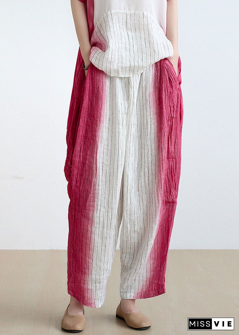 French Gradient Color Oversized Striped Linen Harem Pants Fall