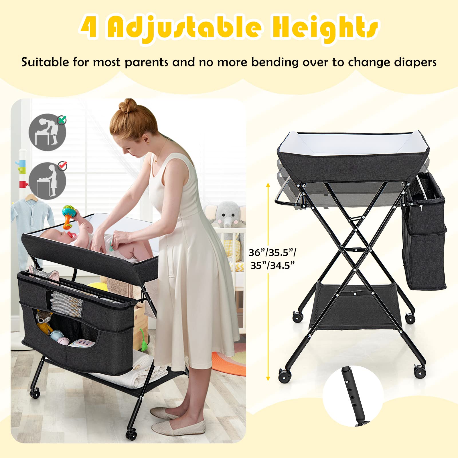 Costzon Portable Baby Changing Table, Height Adjustable Mobile Nursery Station with Waterproof Surface