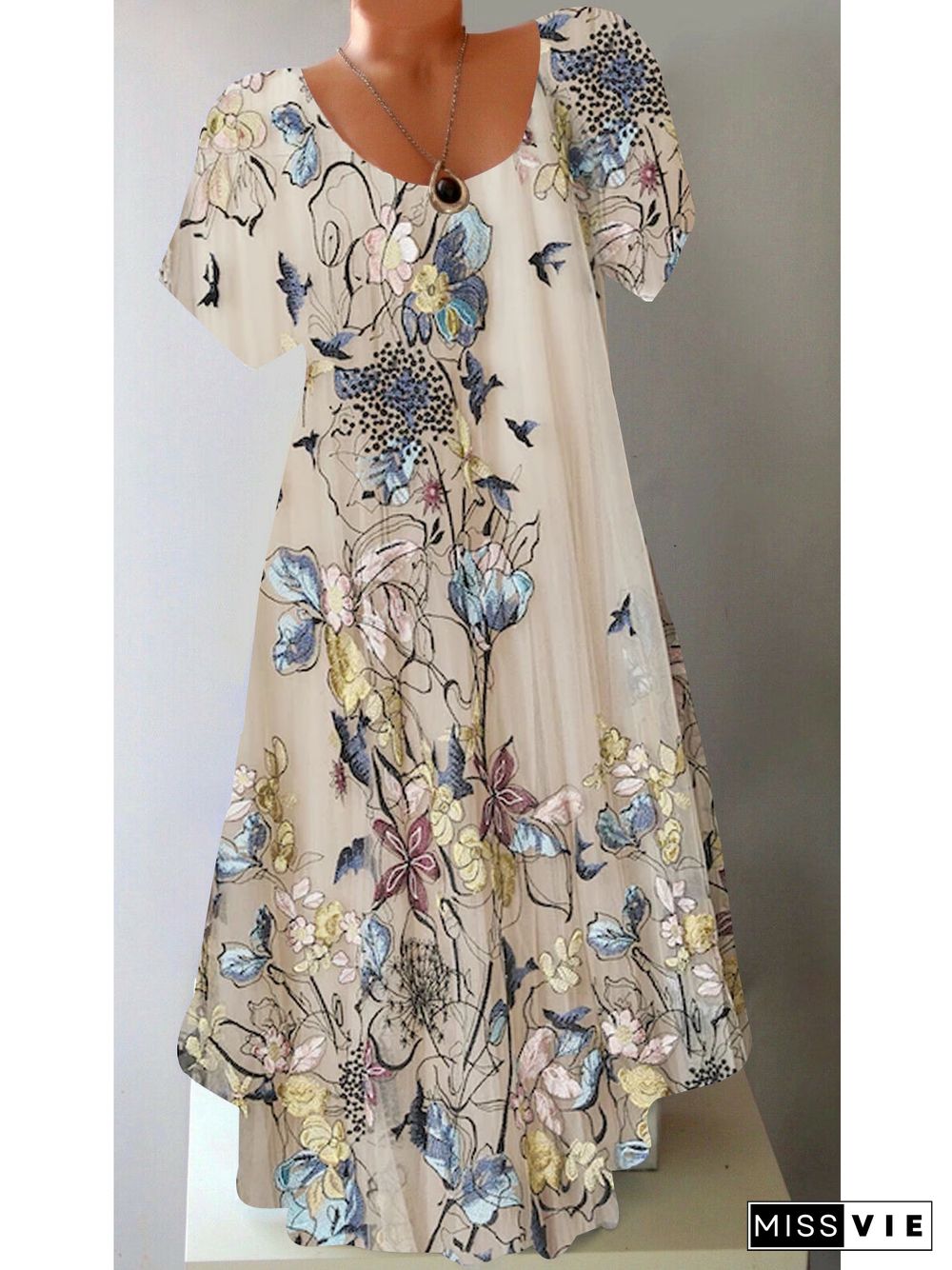 Women's Short Sleeve Scoop Neck Floral Printed Midi Dress