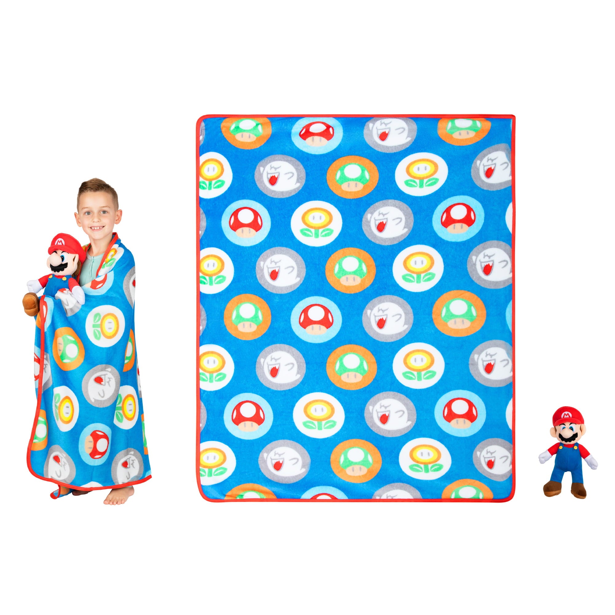 Super Mario Kids Hugger Pillow and Fleece Throw， Gaming Gift Set， 2-Piece， Blue， 