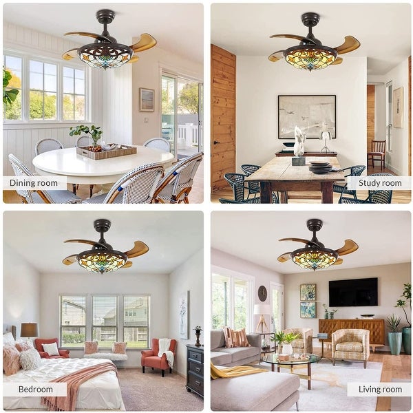 36'' Retractable  Ceiling Fan with Light and Remote Reversible Stained Chandelier Fan with Dimmable LED Light Shopping - The Best Deals on Ceiling Fans | 40911142