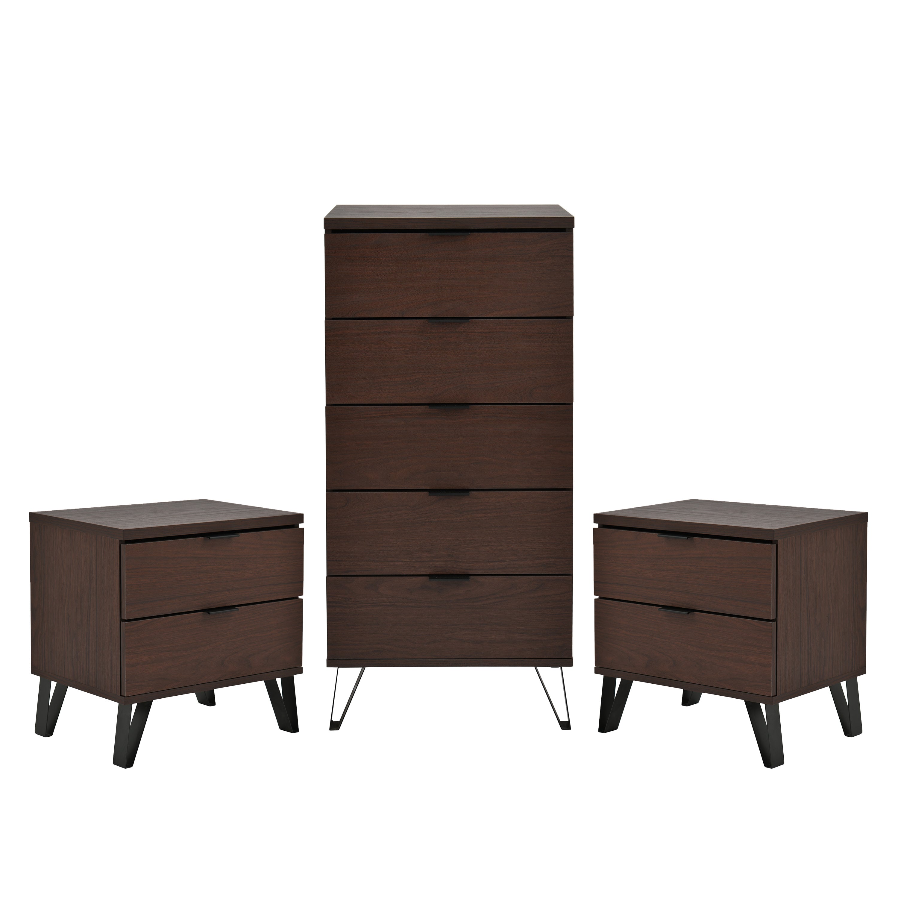 Demijen Modern Industrial 3 Piece 5 Drawer Dresser and Nightstand Bedroom Set, Walnut and Matte Black