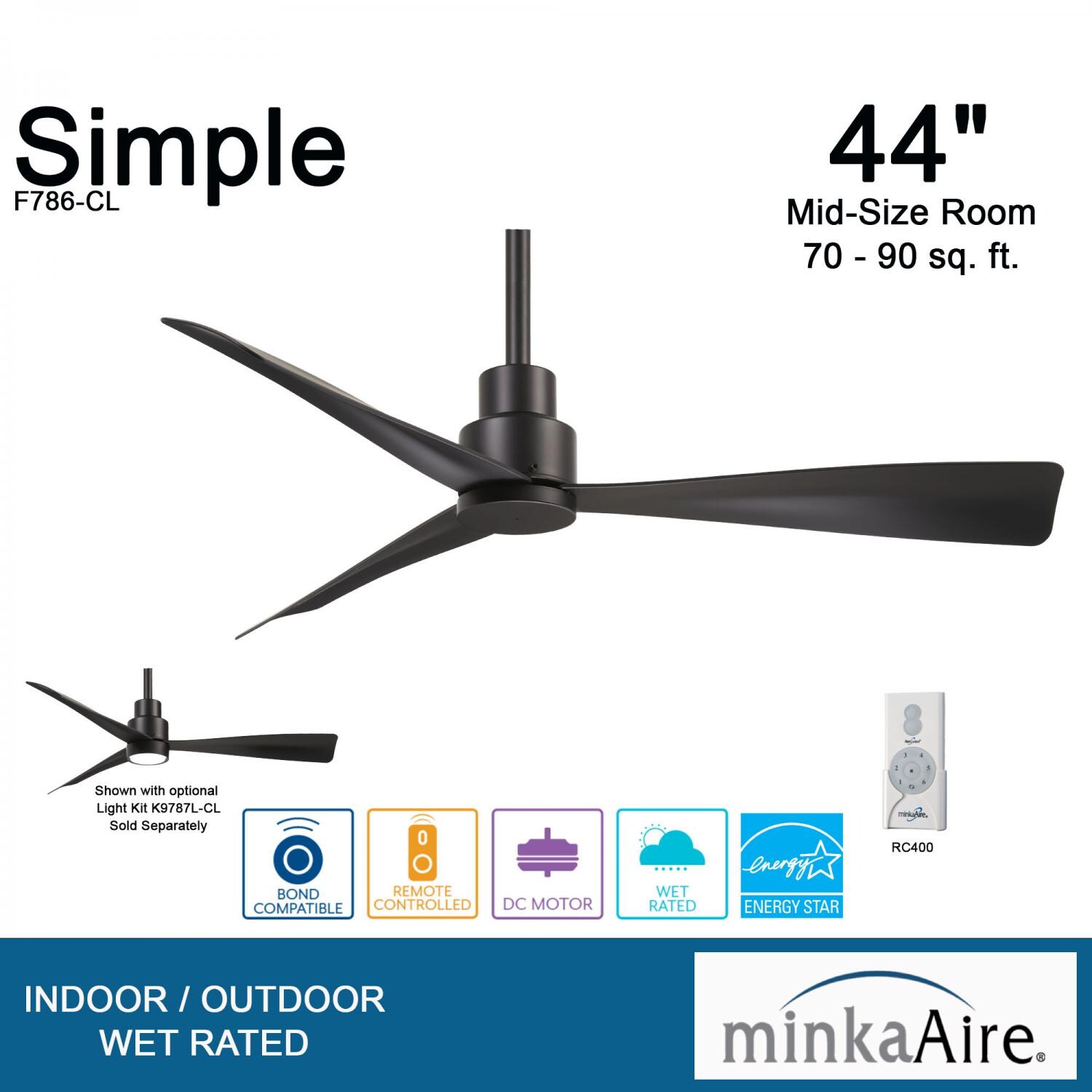 Minka-Aire Simple 44-Inch 3-Blade Ceiling Fan in Coal Finish W/ Coal Blades