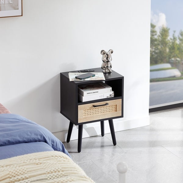 Modern Side table with Drawer and Solid Wood Legs，Rattan Nightstand with Power Outlet and USB Ports