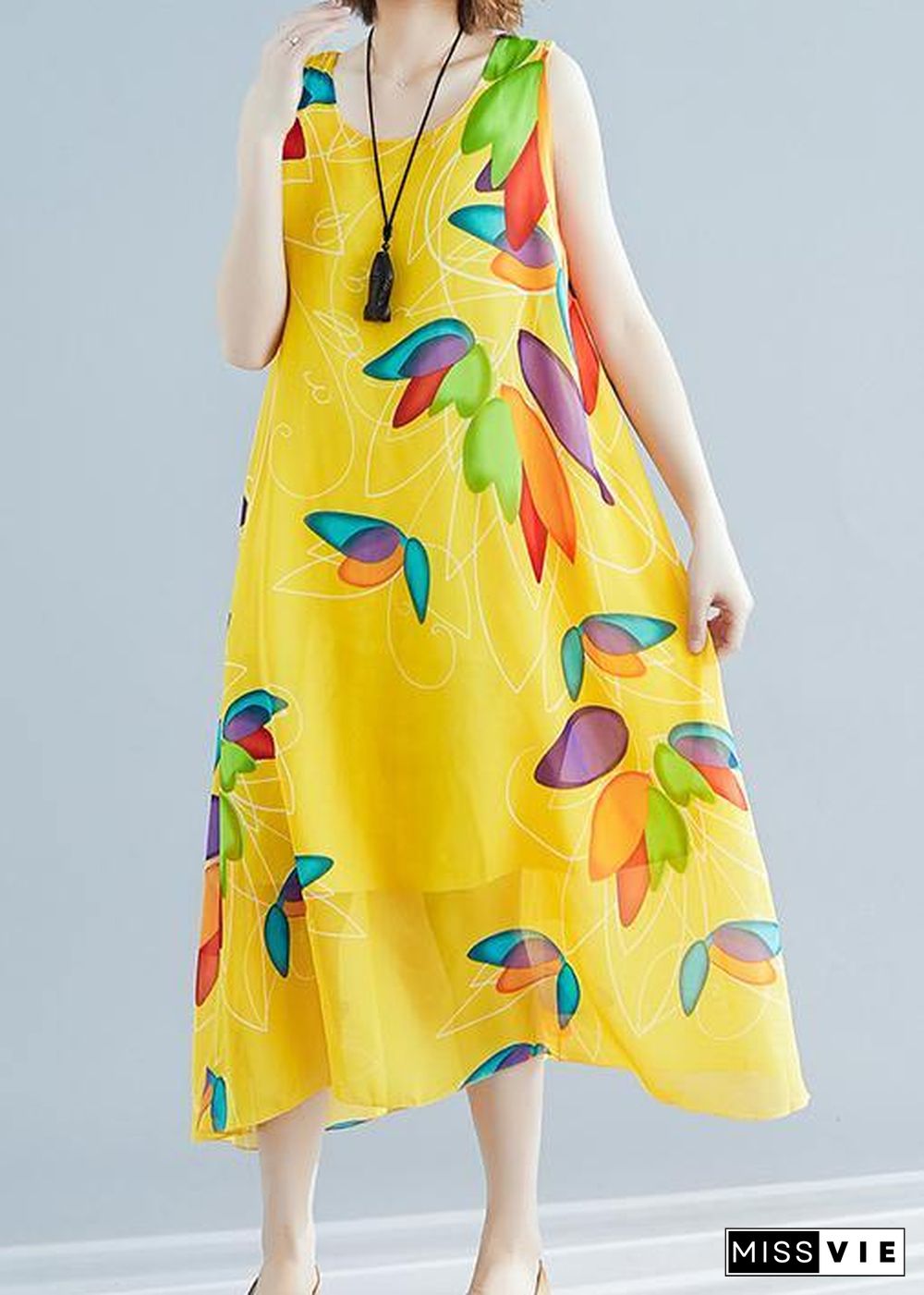 Beautiful yellow print chiffon Robes Korea Tutorials o neck false two pieces long Summer Dress