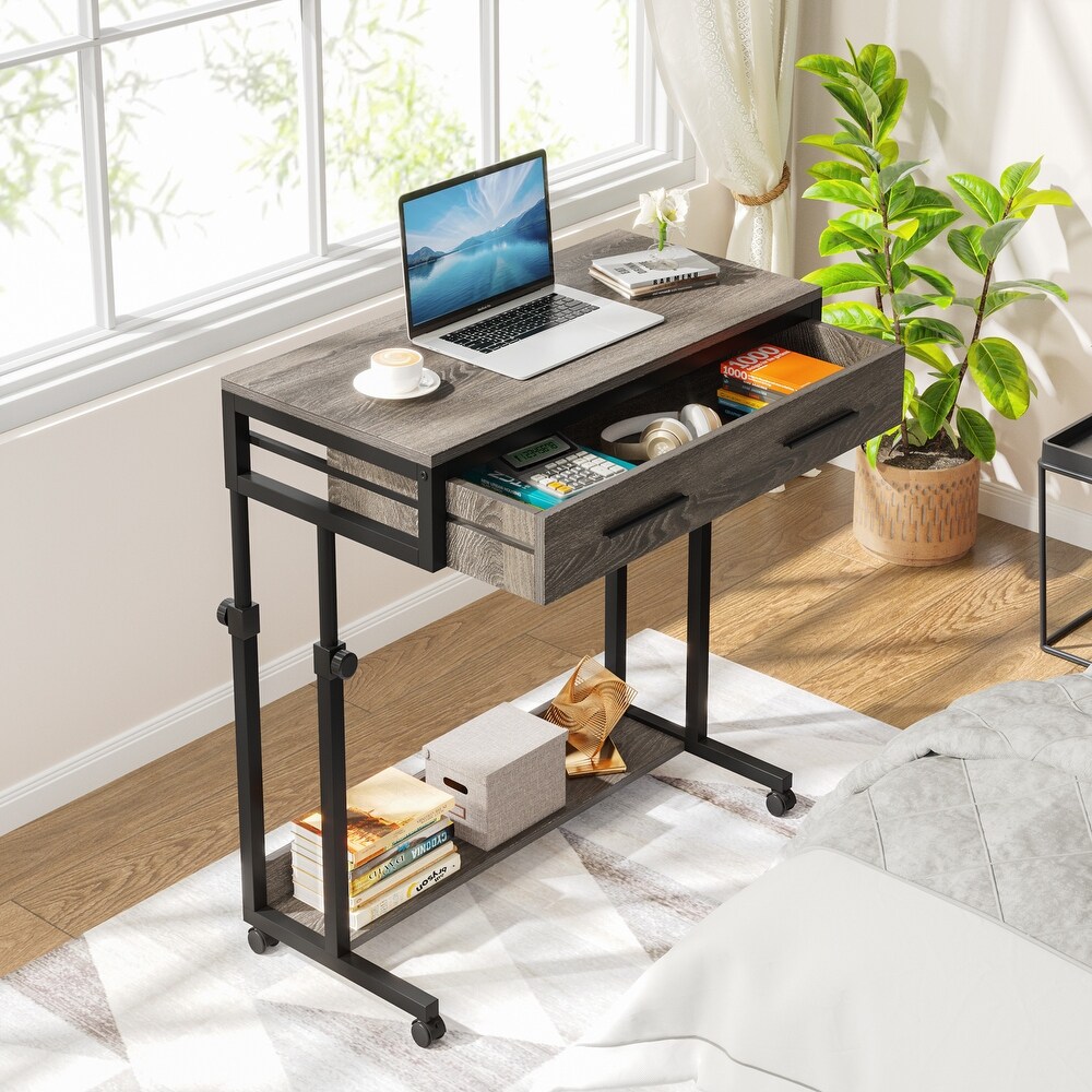 Height Adjustable Standing Laptop C Table Mobile Portable Desk with Drawers for Home Office Sofa Bed