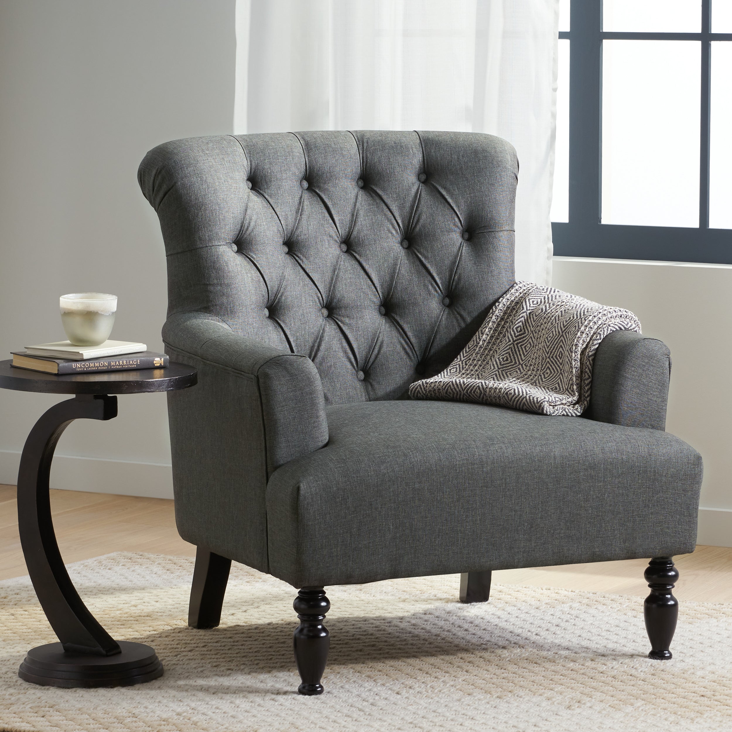 Harvey Contemporary Button-Tufted Fabric Club Chair with Rolled Backrest