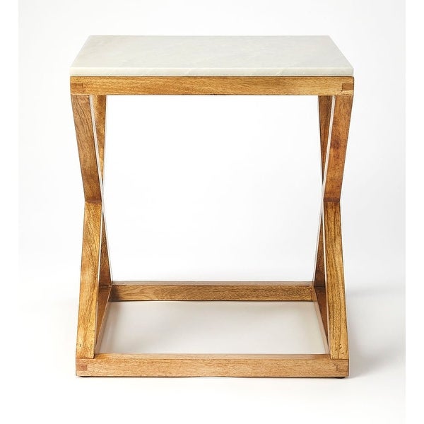 Modern Marble and Wood Square End Table - Natural Wood