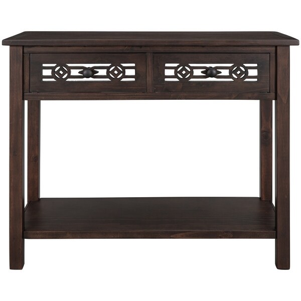 Classic Console Table with Hollow-out Decoration Two Top Drawers and Open Shelf Large Storage Space