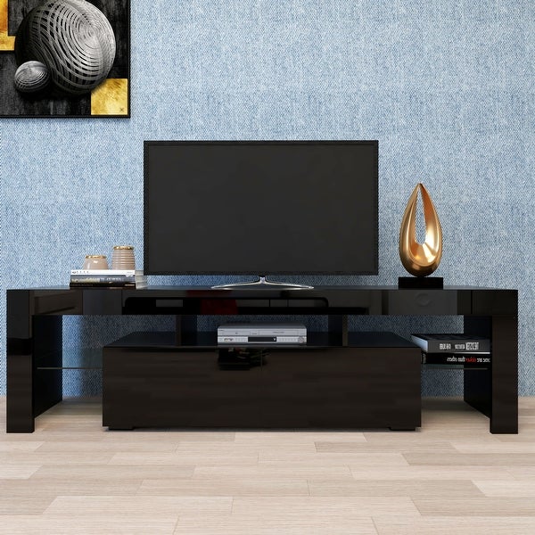 63''L Matt Laminate Finish TV Stand Cabinet with 2 Soft-Open Front Storage Doors， 20 Colors LEDandRemote Control (up to 70'')