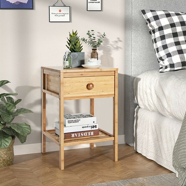 Gymax 2PCS Bamboo Nightstand Natural Side End Table w/Drawer for