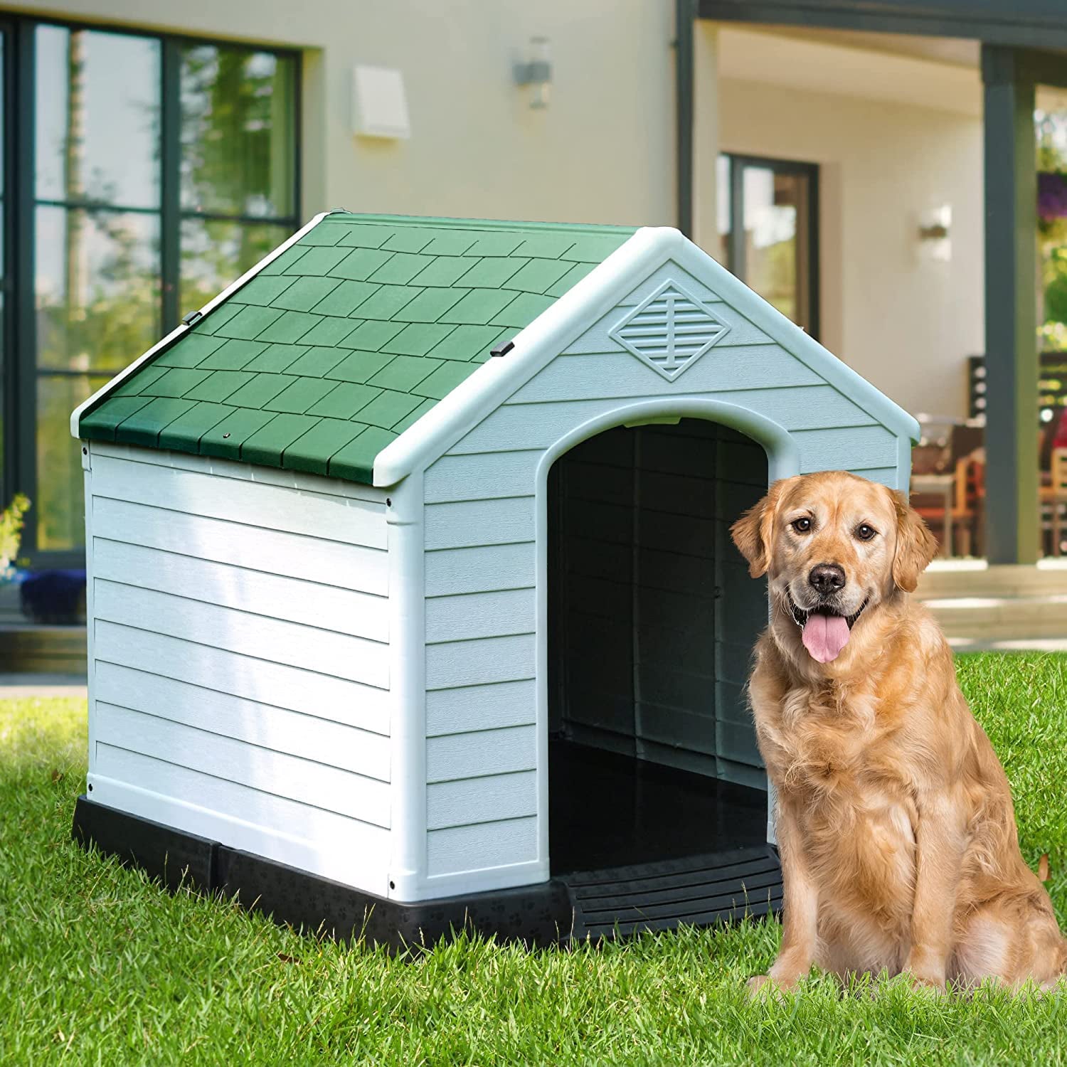 YITAHOME Large Plastic Dog House Outdoor Indoor Dog Puppy Shelter Water Resistant with Air Vents and Elevated Floor (41''L*38''W*39''H， Green)