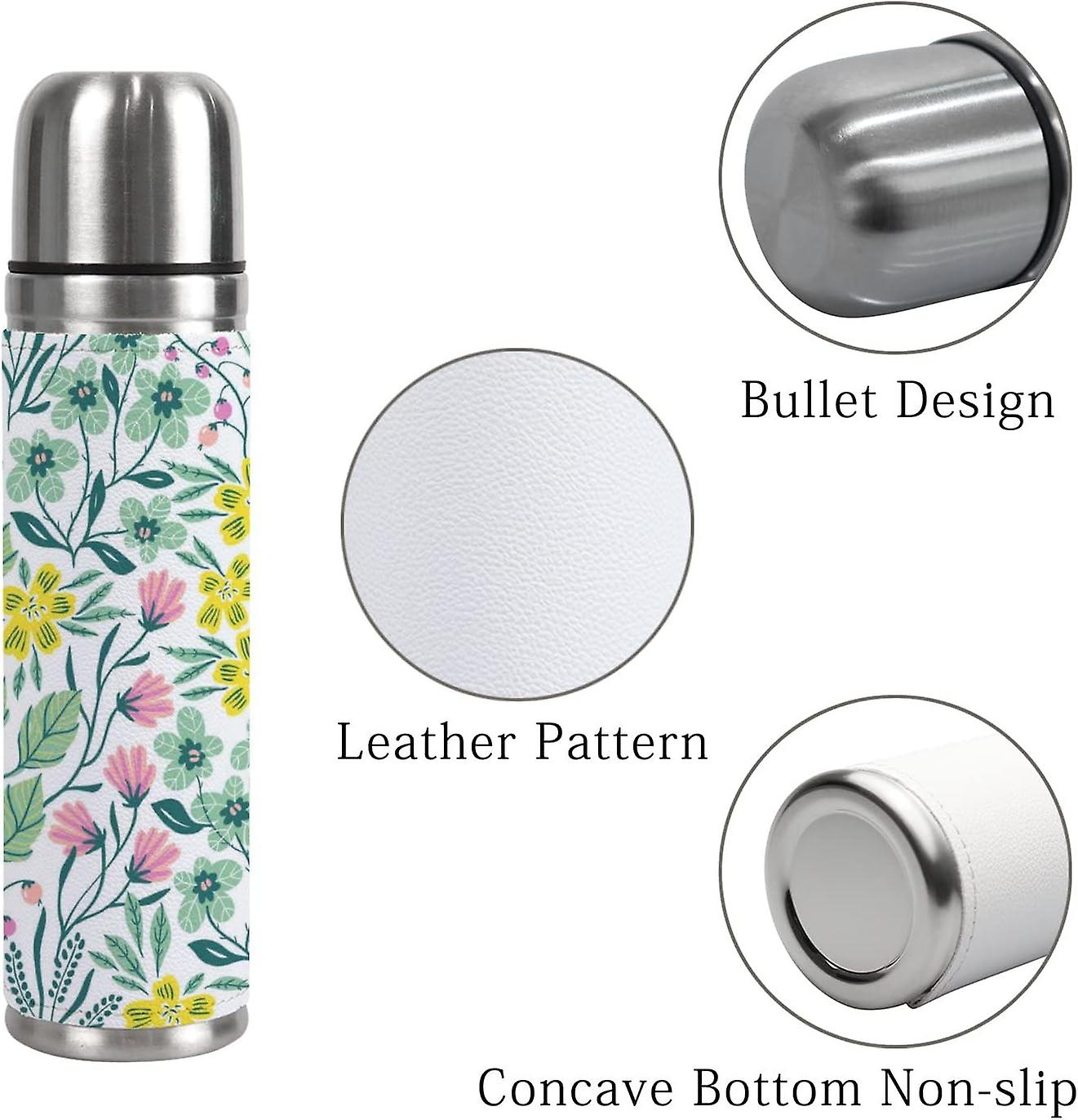 Insulated Mug Stainless Steel Water Bottle Floral Leaves And Flowers On White Vacuum Cup Travel Mug For Office