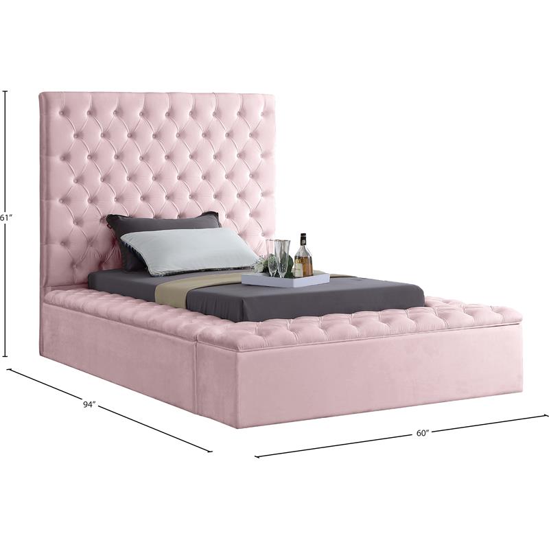 Meridian Furniture Bliss Solid Wood Tufted Velvet Twin Bed in Pink