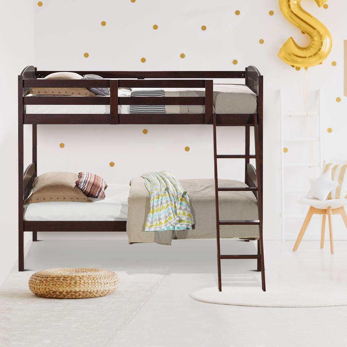 Costzon Twin Over Twin Bunk Beds, Convertible Into Two Individual Solid Rubberwood Beds (Espresso)