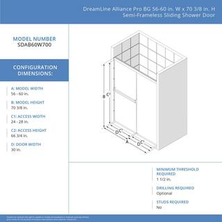 DreamLine Alliance Pro BG 60 in. W x 70.375 in. H Sliding Semi Frameless Shower Door in Brushed Nickel with Clear Glass SDAB60W700VXX04