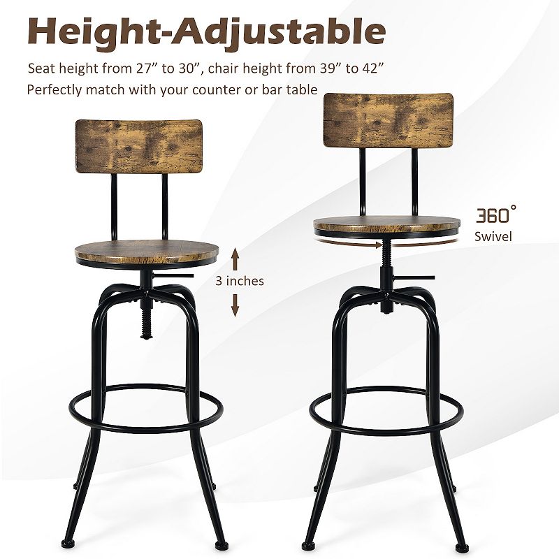 Adjustable Swivel Counter-Height Stool with Arc-Shaped Backrest-Rustic Brown