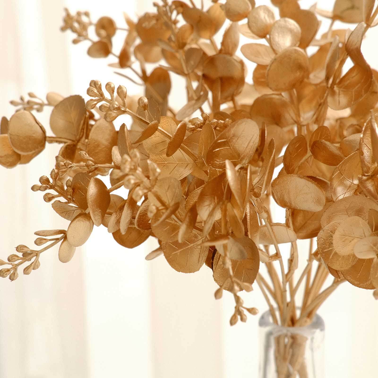 4 Pack Metallic Gold Artificial Eucalyptus Leaves Bushes, Faux Spray Plant Vase Fillers Floral Decor - 12