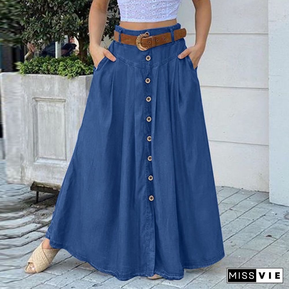 Women Fashion Solid Color Buttons Denim Long Skirts Vintage Long Dresses