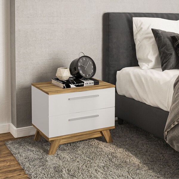 Boahaus Ibiza Nightstand， White - Brown， 2 drawers， wood legs - - 31793665