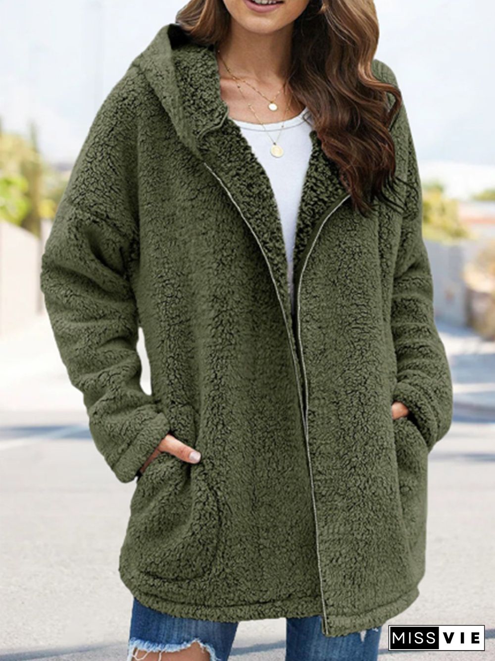 Plain Long Sleeve Hoodie Pockets Plus Size Casual Plush Coat