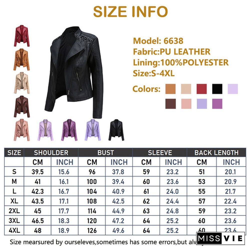 New Autumn Women Leather Slim Stand-up Collar Jacket Female Zipper Solid Long-sleeved Faux Leather Motorcycle Coat