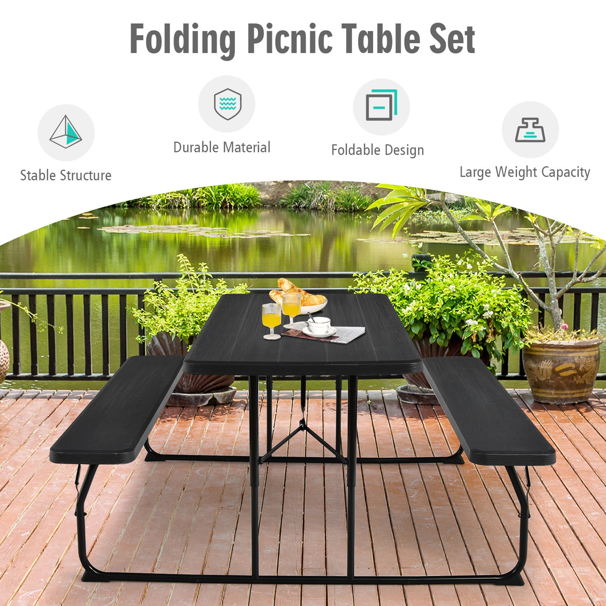 Gymax Folding Picnic Table and Bench Set for Camping BBQ w/ Steel Frame Black