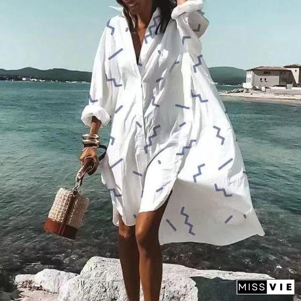 White Lapel Casual Printed Shirt Dress