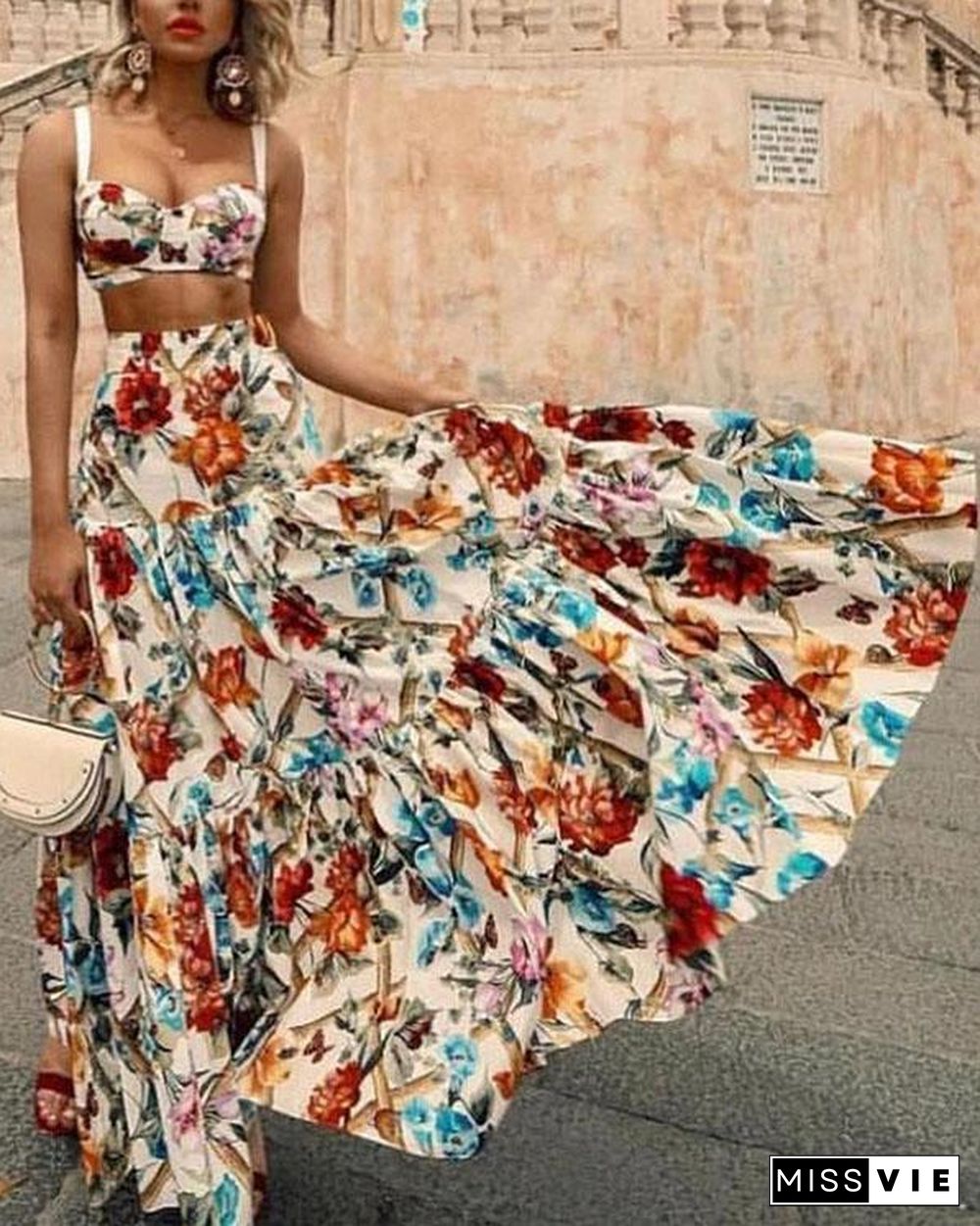 Sexy Off Shoulder Midriff-Baring Floral Printed Beach Maxi Dress