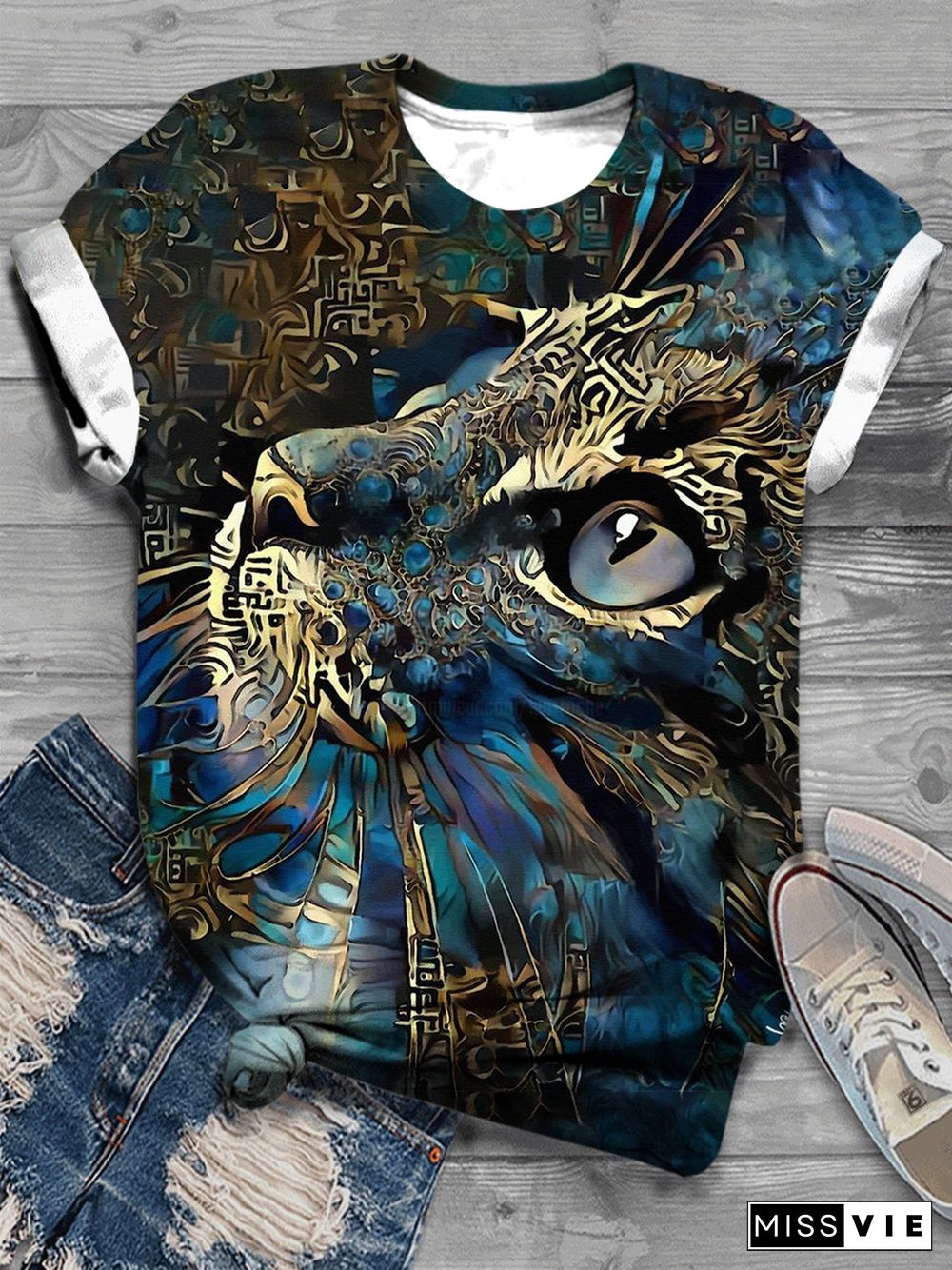 Animal Cat Art Print Crew Neck T-Shirt