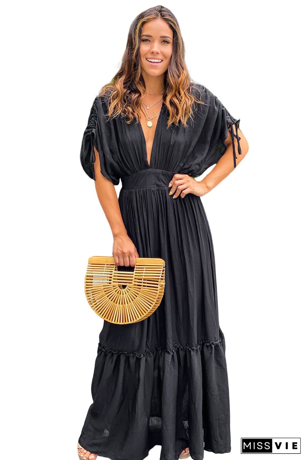 Black Drawstring Pleated Kimono Sleeve Ruffle Maxi Dress