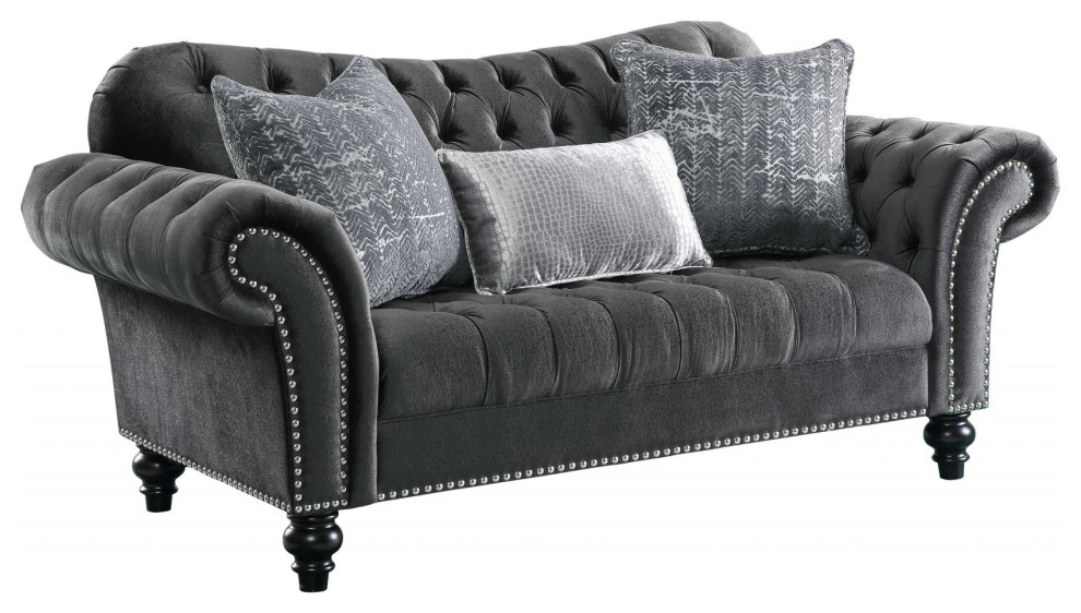 79 quotX 37 quotX 37 quotDark Gray Velvet Loveseat W3 Pillows   Traditional   Loveseats   by HomeRoots  Houzz