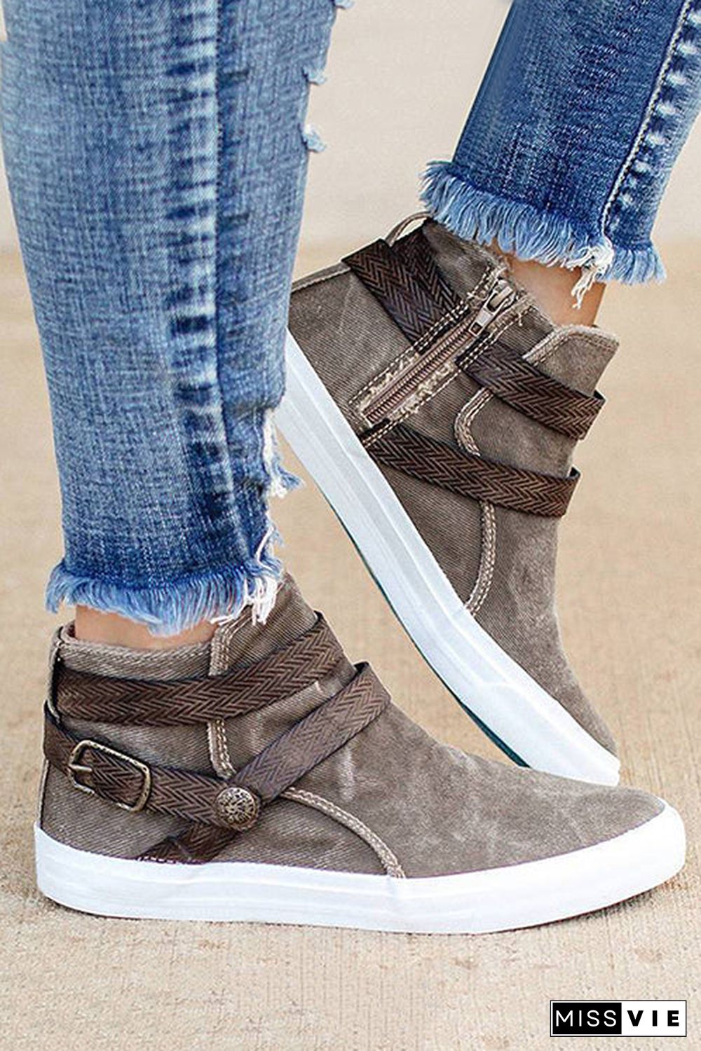 Plaid Buckle Zipper Flat Boots