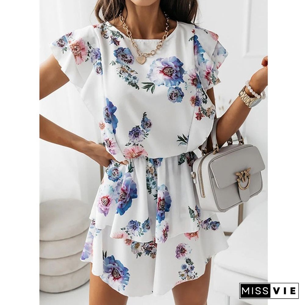 Women Beach Mini Dress Summer Bohemian Casual Loose Floral Print Cocktail Beach Short Dress Sundress Rope