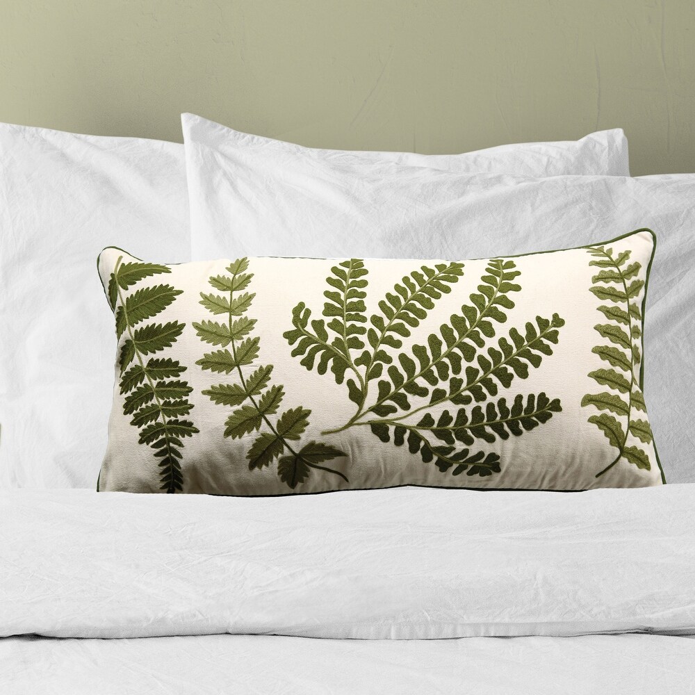 White Rectangle Cotton Pillow with Embroidered Green Ferns