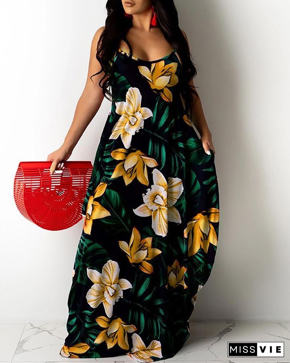 Floral Leaf Print Spaghetti Strap Maxi Dress