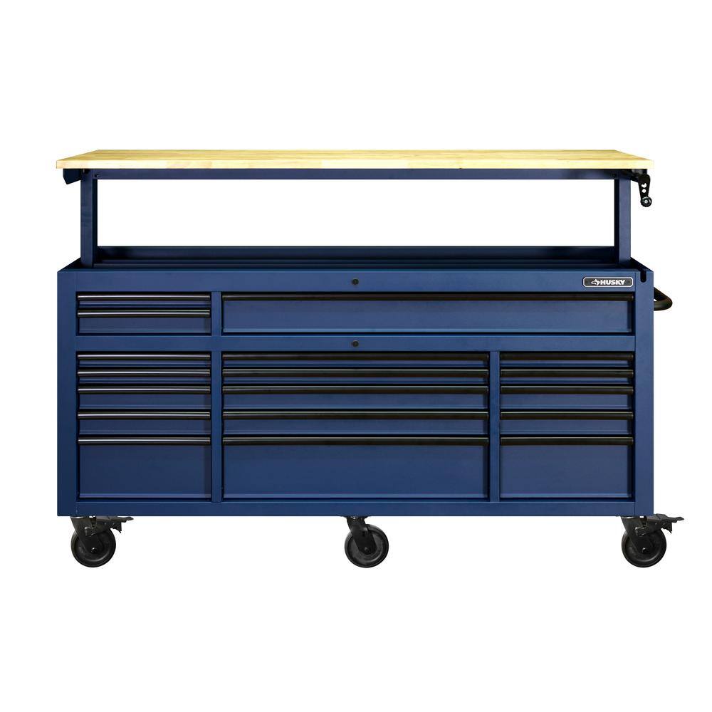 Husky 72 in. W x 24 in. D Heavy Duty 18-Drawer Mobile Workbench Cabinet with Adjustable-Height Solid Wood Top in Matte Blue HOLC7218BL1M