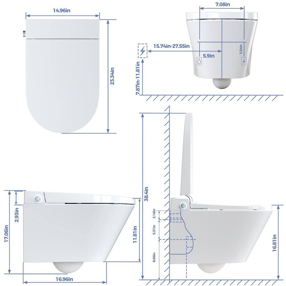 HOROW Wall Hung Elongated Smart Toilet Bidet in White with Auto Open Auto Close Heated Seat and Remote No Tank No Bracket G10