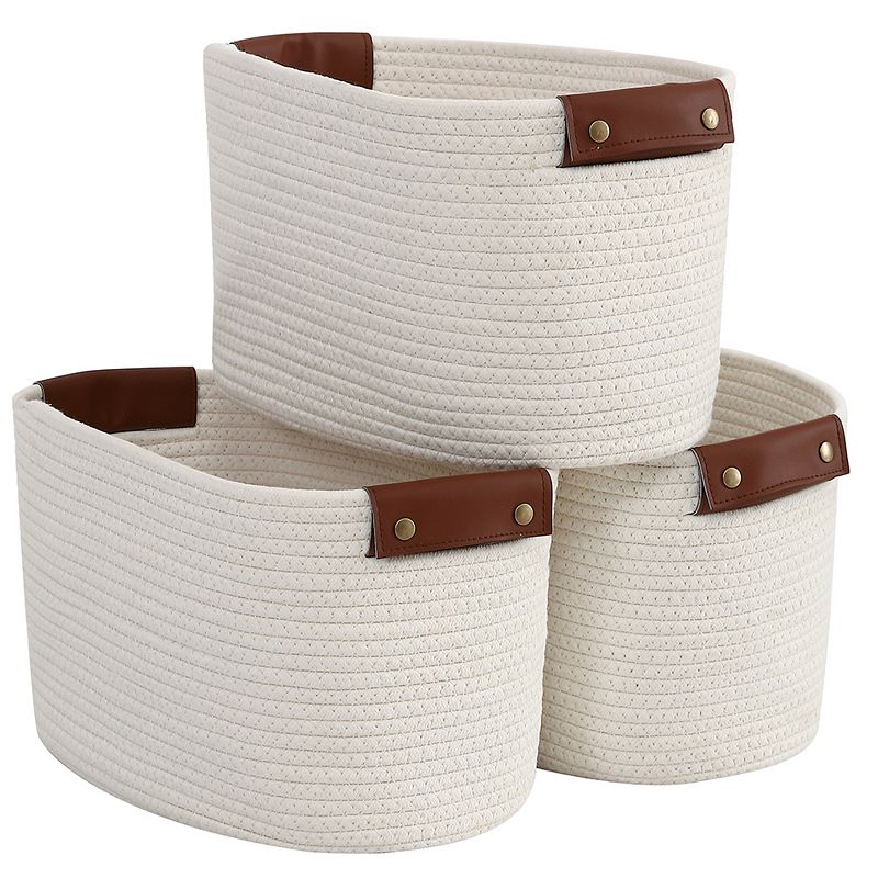 3 Pack Woven Cotton Rope Shelf Storage Basket with Leather Handles